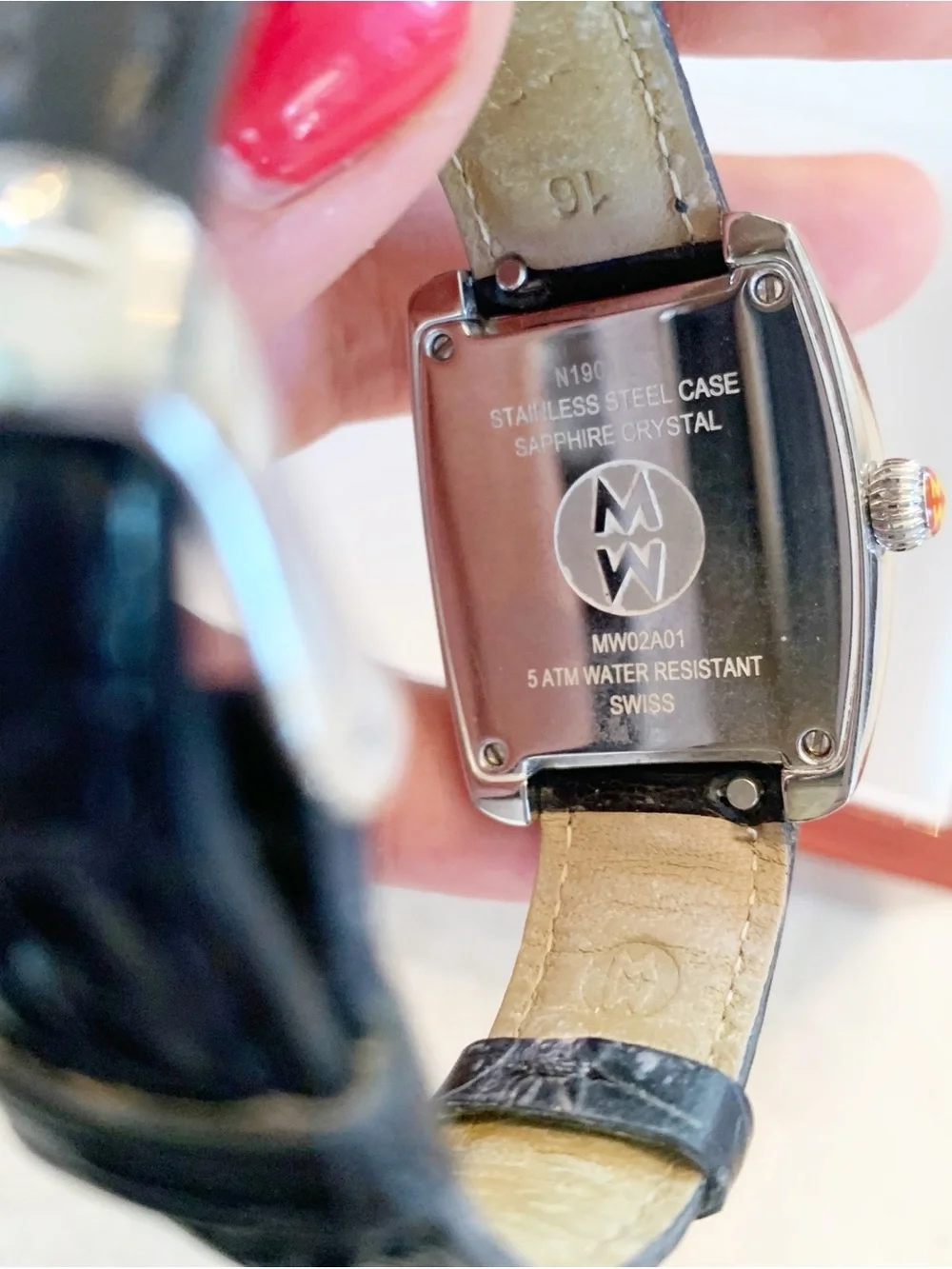 Michele Silver Crystal-Trim Watch with Black Leather Strap